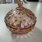 VTG Indiana Glass Pink Depression Glass Covered Candy Dish  Cube Pattern
