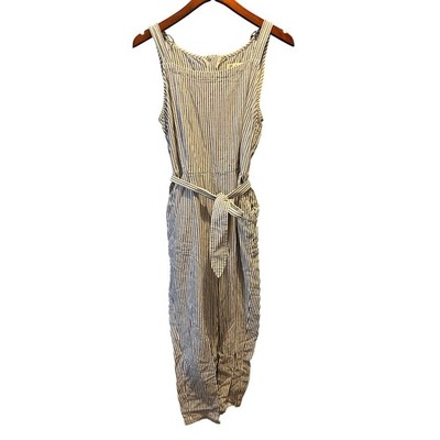 Madewell Blue White Striped Sleeveless Belted Jumpsuit Size 8 Railroad Stripe