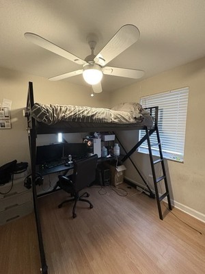 Full Metal Loft Bed Frame Built-In Ladder Black Matte Finish Solid Pattern