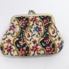 Vtg Brocade Tapestry Kisslock Change Coin Purse Floral Gold Tone Lined Hinged