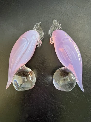 PAIR of Mid-Century Murano Glass Pink Parrot Sculpture Oggetti Signed Italy