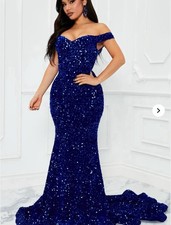 Fashion Nova Blue Sequin Off The Shoulder Mermaid Maxi Dress
