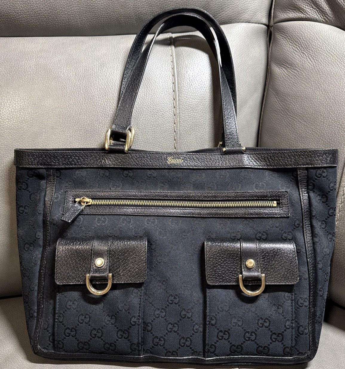 Gucci GG Canvas Abbey Pocket Tote Leather Black Shoulder Bag Authentic Pre-owned thumbnail 3