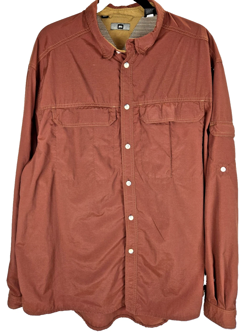 REI Co-op Men's Outdoor Button Down Shirt XL Rust Red Vented Mesh Hiking Trail