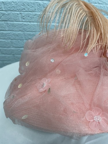 Vtg. Whittall & Shon Designer Pink Women’s Hat Dramatic Feather Floral And Beads - Picture 4 of 12