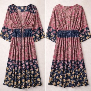Boho Floral Maxi Layering Coverup Tiered Flowy Kimono Style Drawstring WaistL-XL