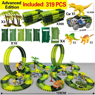 Dinosaur Car Track Set with Bendable Race Tracks, Flashing Light Car Toy