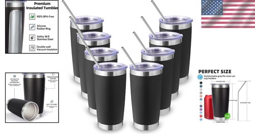 Insulated Black Tumblers 8 Pack - Travel-Friendly Coffee Mugs with Straws - Picture 2 of 9