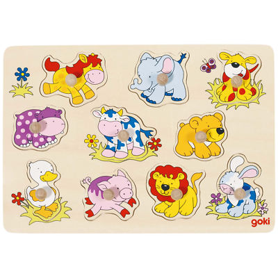 goki Steckpuzzle ''Tierkinder II'' 57838 - Holzspielzeug Steckpuzzle 10 Teile