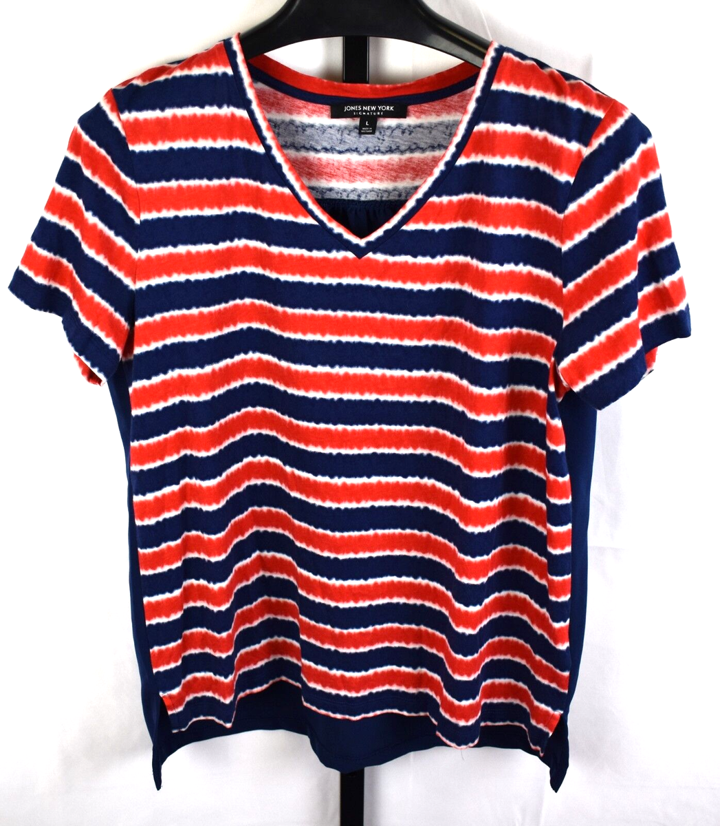 Jones New York Tee Size L Red and Navy Blue Stripe VNeck