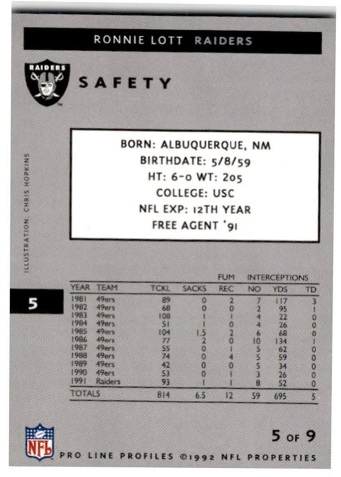 1992 Pro Line Portraits Ronnie Lott Los Angeles Raiders #5 - Image 2 of 2