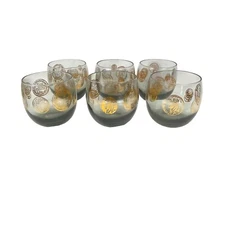 Vintage Mid-Century Lowball Glasses Set of 6 Coin Design 22K Gold Accents Smoky