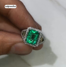 Emerald Cut 3CT Real Emerald Split Shank Halo Engagement Ring 14K White Gold FN
