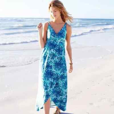 Garnet Hill Floral Maxi Dress Size 10 Blue Sleeveless Split Tulip Hem V  Neck | eBay