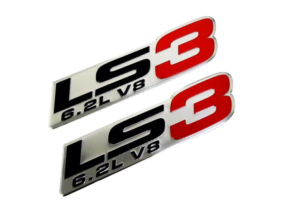 NEW 2X CHEVY LS3 6.2L V8 ENGINE EMBLEMS BADGE CHROME SILVER RED PAIR - Image 3 of 4