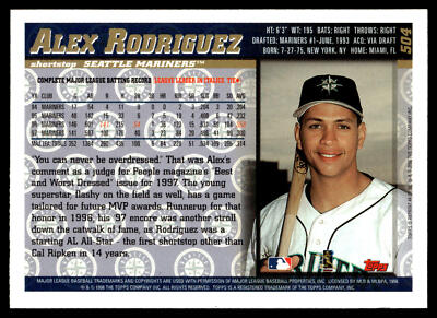 1998 Topps Alex Rodriguez #504 Seattle Mariners | eBay