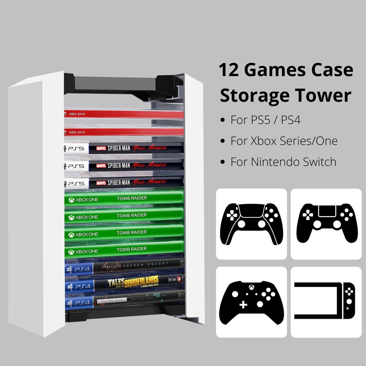 White Video Game Storage Tower for PS5, PS4, PS3, Nintendo