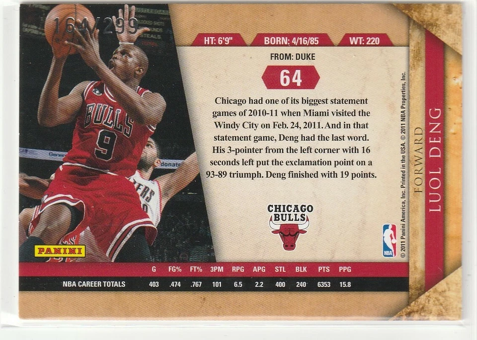 Luol Deng 2011 Panini Gold Standard 164/299 Chicago Bulls - Image 2 of 2