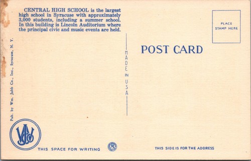 Central High School Syracuse New York c1930s linen postcard A767 - Bild 2 von 2
