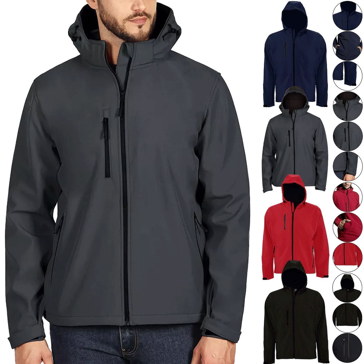 Mens Hooded Softshell Fleece Jacket Water Resistant Windproof Outdoor  Workwear