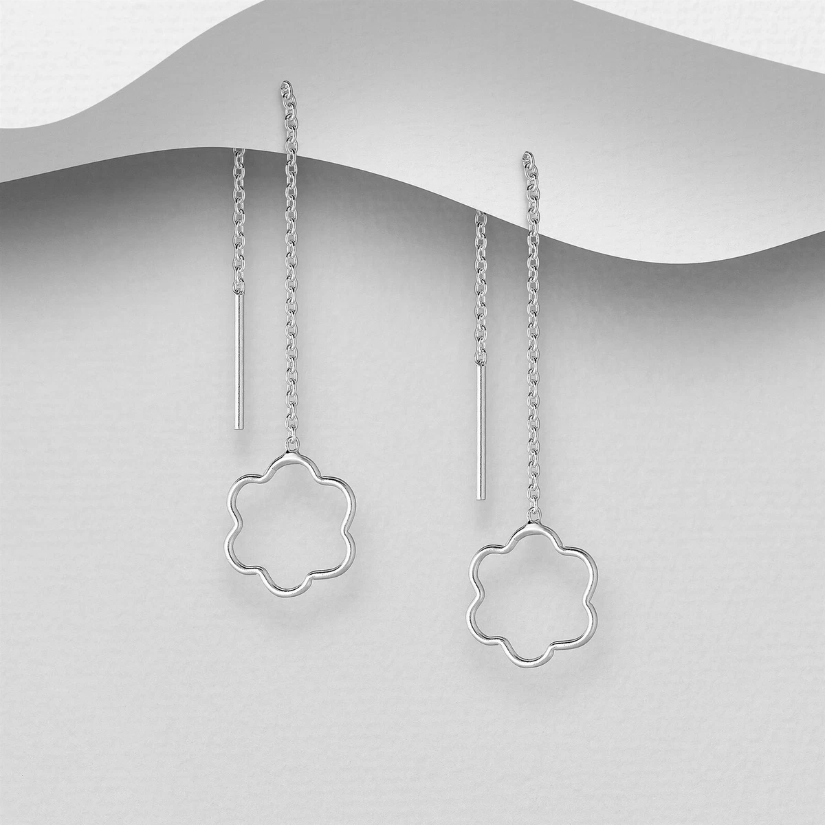 925 Sterling Silver Geometric Flower Thread Through Earrings Threader Women