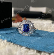 Art Deco Emerald Cut Lab Created Sapphire Engagement 925 Sterling Silver Ring