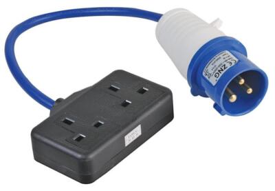 16A 230V 2 Gang UK 13A Plug Hands Socket EEC Extension 2P+E Blue 350mm