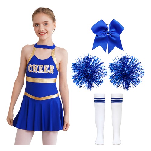 High School Girls Cheer Leader Costume with Pom Poms Socks Set for Sports Game - Picture 4 of 65
