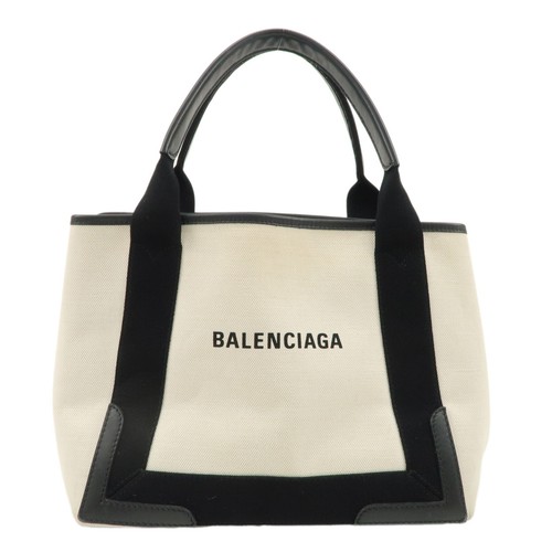 BALENCIAGA Navy Cabas S Tote Bag Ivory Black Canvas Leather 339933 Auth Used