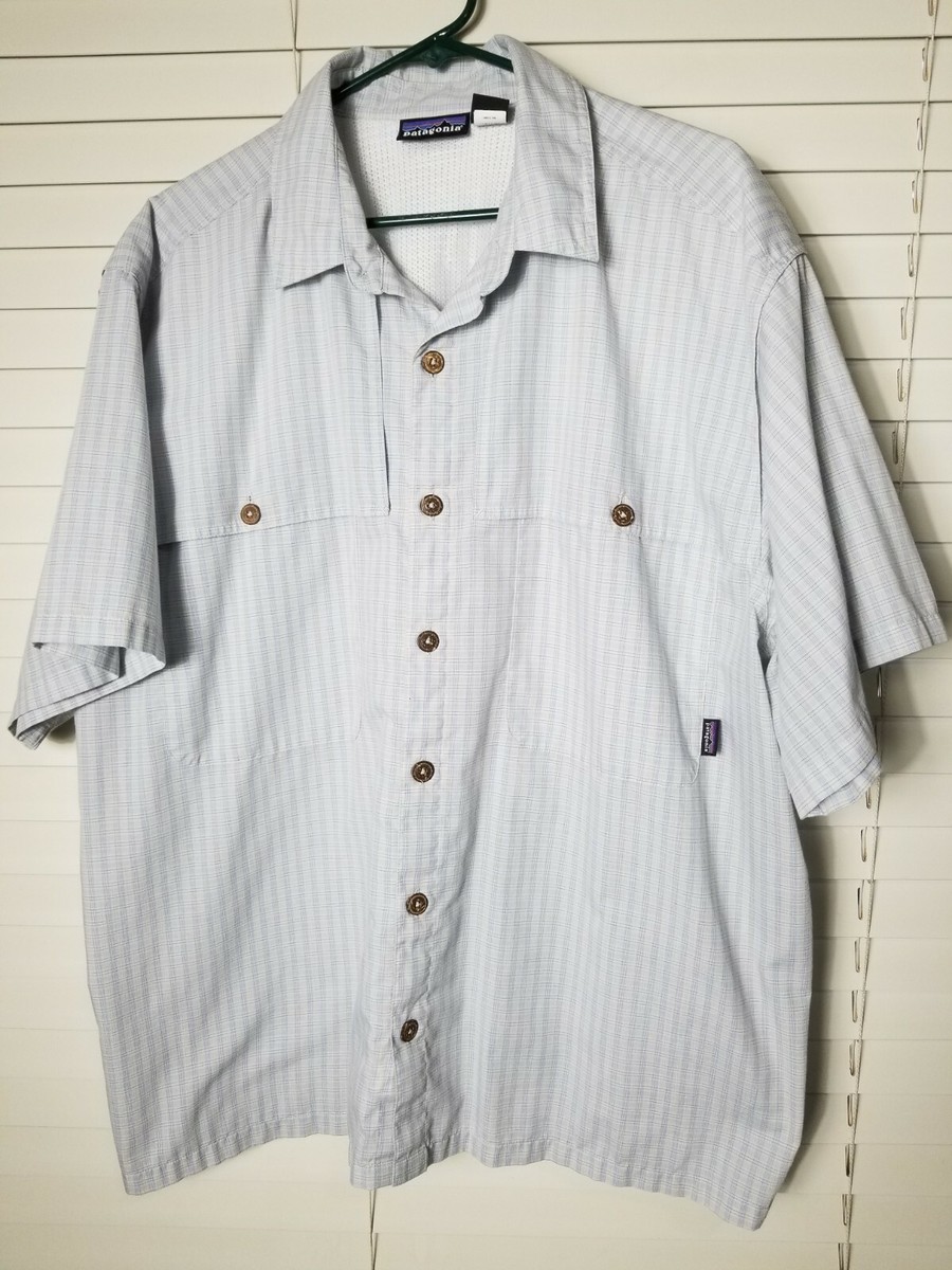 Mens Patagonia S. Sleeve XL Blue White Plaid Shirt Poly