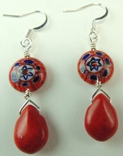 Teardrop Red Howlite Dangle Drop Earrings with Millifori Chic Jewelry