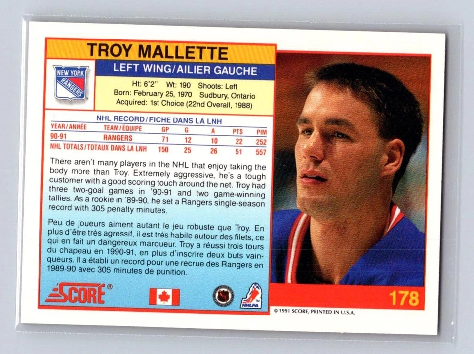1991-92 Score Canadian Bilingual #178 Troy Mallette New York Rangers - Image 2 of 2