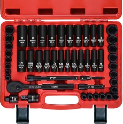 EGOFIX 3/8'' Drive Impact Socket Set 50PCS SAE & Metric Cr-V w/ Ratchet
