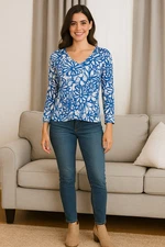 Chicos Women 0 Blue/White Tropical Floral Long Sleeve Tunic Top Resort Ethereal