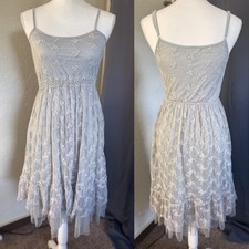 Altar'd State Floral Lace Mesh Tiered Ruffle Dress Sage Grey Small