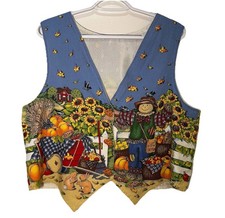 Vintage 1990s Handmade Harvest Vest w/ Pumpkin Buttons Fall Scarecrow Sunflower