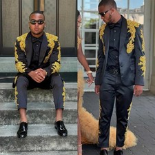 Black Fashion Men's Suits Gold Applique Formal Party Prom Wedding Groom Tuxedo