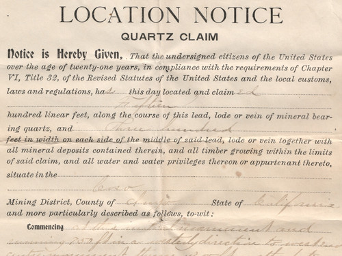 1905 Cerro Gordo INYO County, California PURDY Gold Mine Quartz Claim Document