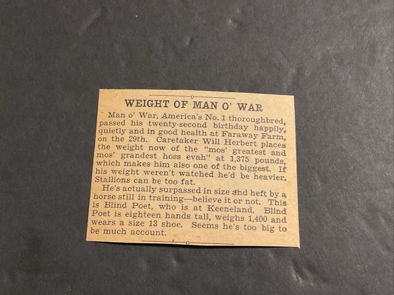 MAN O’ WAR  ORIGINAL 1939 DAILY RACING FORM CLIPPING 22nd BIRTHDAY WILL HERBERT
