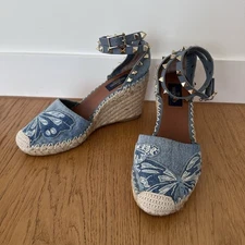 Valentino Blue Denim Gold Rockstud Platform Wedge Sandals 36