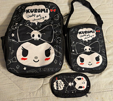 Kuromi Sanrio Mini Backpack 3pc Set Black Graphic Print Zip Adjustable Strap