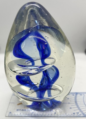 Vintage Murano Glass Paperweight Blue Swirls Design Bubbles And Hand Blown - Picture 8 of 9