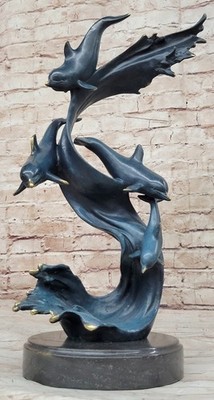 Collectible Detailed Handcrafted Dolphins on Ocean Genuine Bronze Sculpture Stat