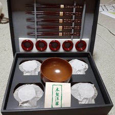 Japanese Wooden Lacquer Soup Bowls Set 5pcs Brown Urushi Tableware