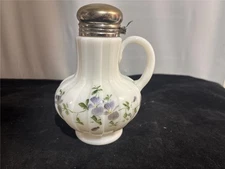 Vintage Milk Glass Syrup Server Pitcher w/ Hand Painted Violets Ribbed Body