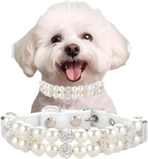 Small Dogs Cat Pearl Collars PU Leather With Crystal Diamond Rhinestone