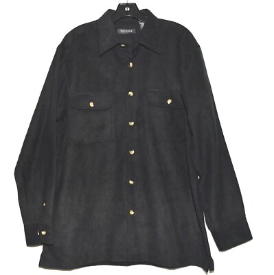 Methode Black Faux Suede Button Flap Chest Pockets Mens Long Sleeve Shirt Size L