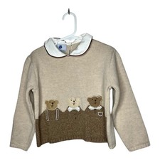 Old World Linens Wool Sweater Girls 5Y Beige Brown Teddy Bear Pullover