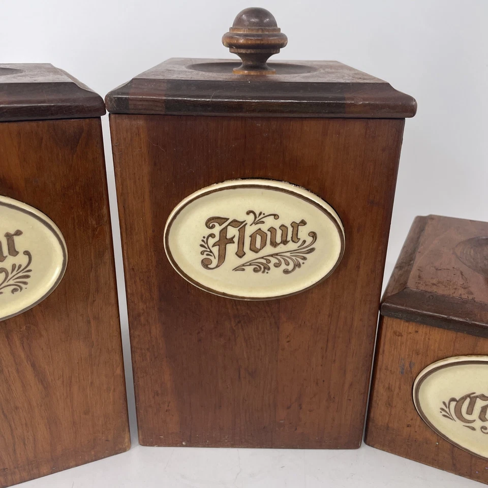 Juego de 4 botes de madera vintage Pfaltzgraff tapas insertos usado en excelente estado harina Foto 4 de 4