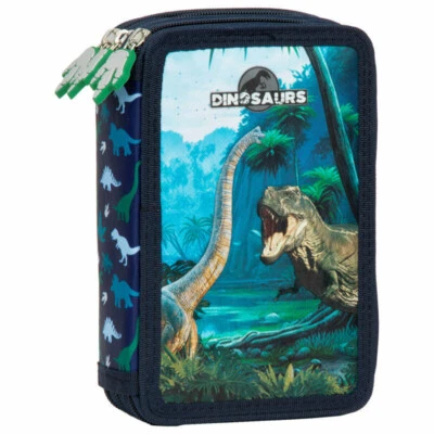 DERFORM Dinosaurier Dino Federtasche Mäppchen Federmäppchen T-Rex 3-fach, gefüllt